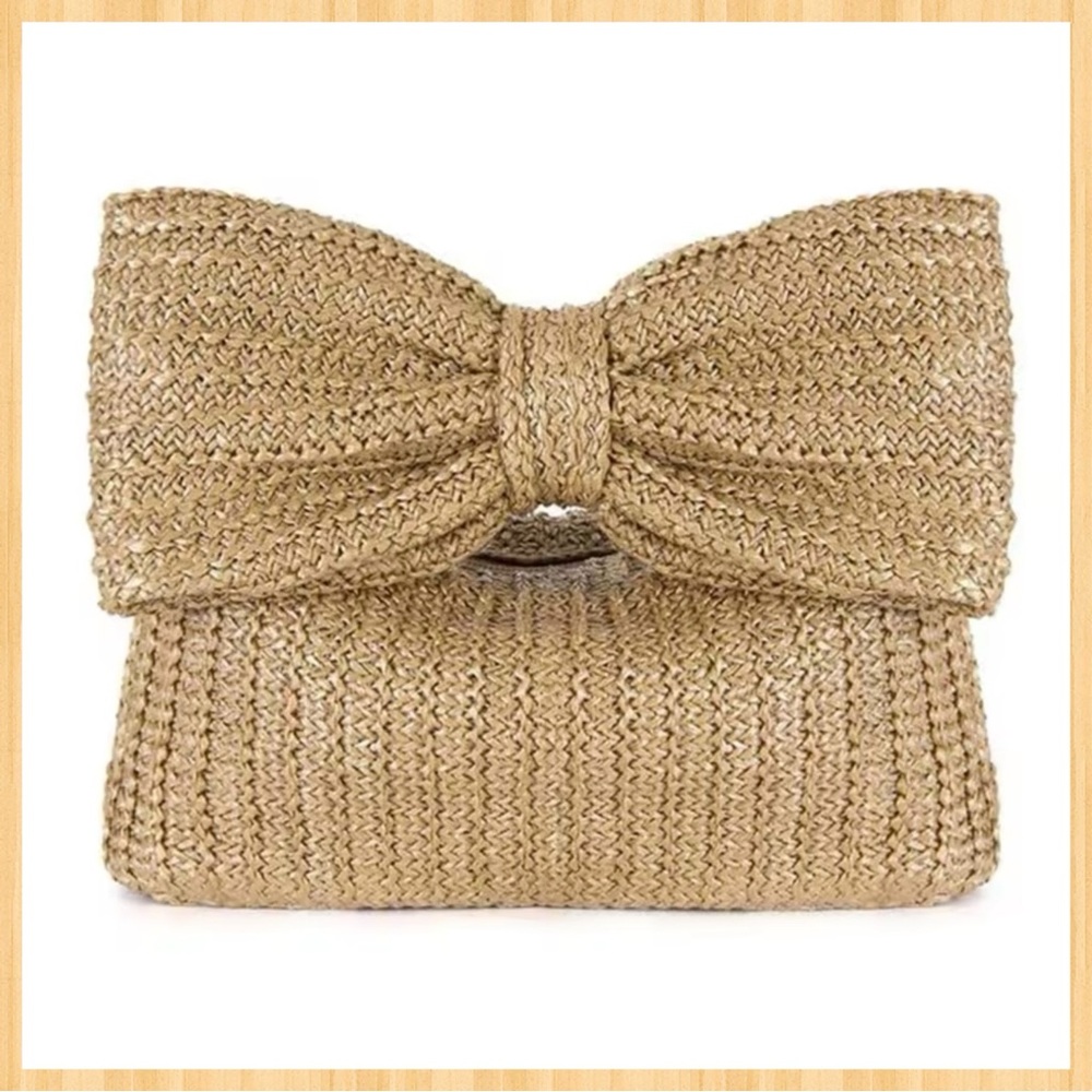 ✨BOW HANDBAG-TAN WOVEN STRAW RAFFIA-CLUTCH OR TOP HANDLE-NEW